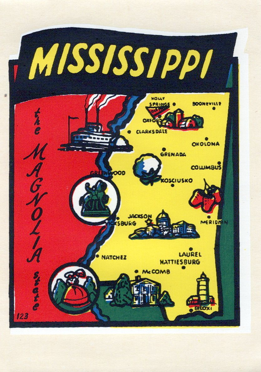 (image for) Mississippi (1) The Magnolia State Map Vintage Vacation Stickers